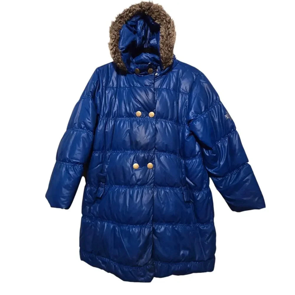 Hanna Andersson Down Long‎ Hooded Coat Girls Sz 140 9-10 Blue Fauz Fur Edge Warm